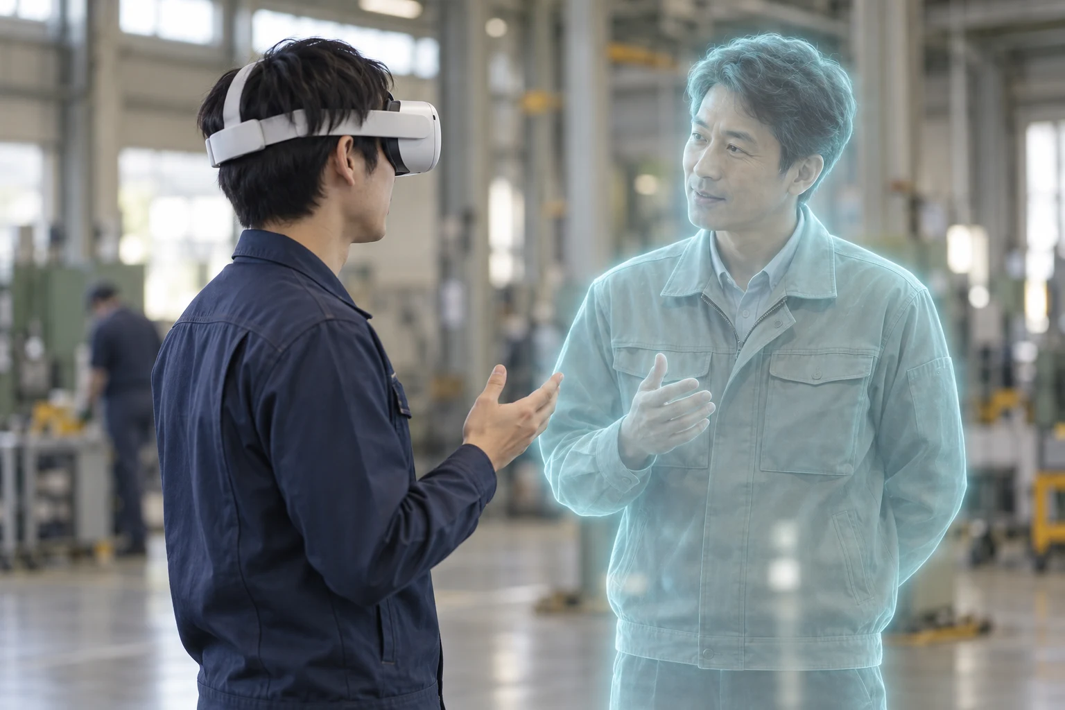 等身大のAI同僚と向き合い、身振りを交えて報告・相談する訓練イメージ